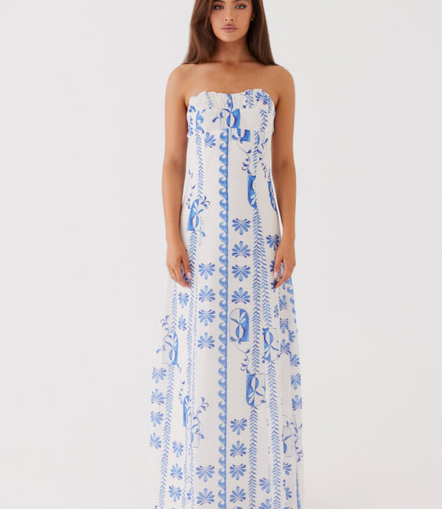 Women's Strapless Ruched A-Line Floral Summer Maxi Dress