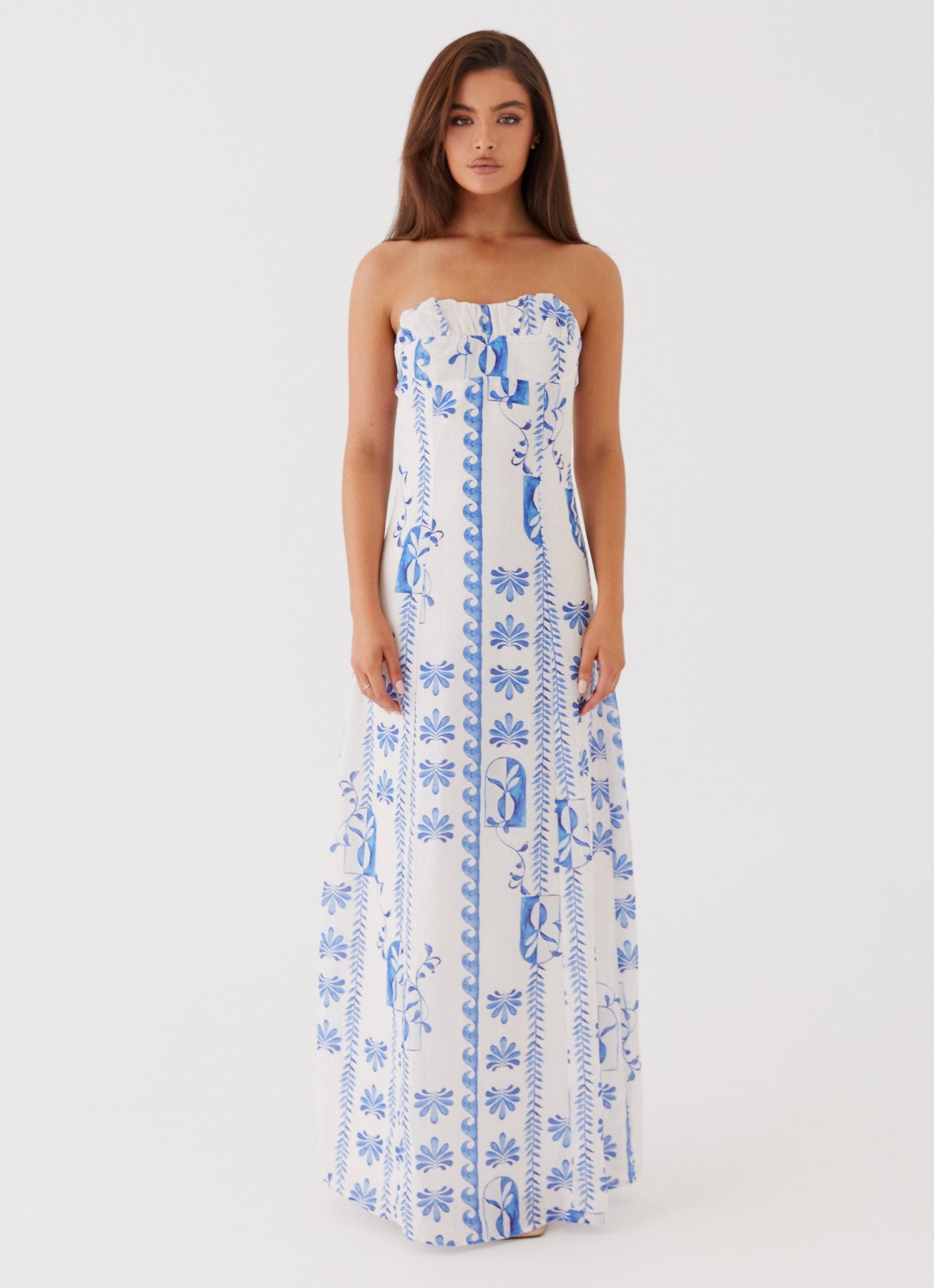 Women's Strapless Ruched A-Line Floral Summer Maxi Dress