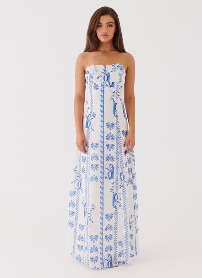 Women's Strapless Ruched A-Line Floral Summer Maxi Dress