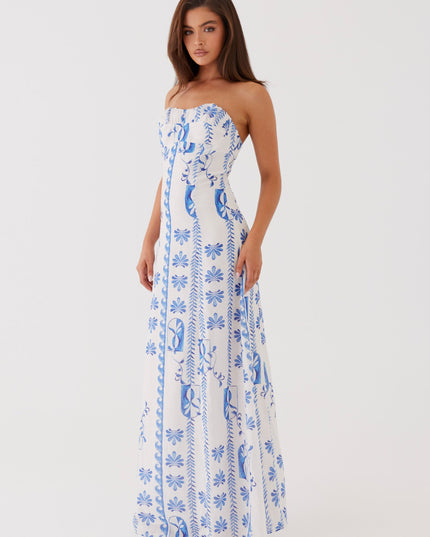 Women's Strapless Ruched A-Line Floral Summer Maxi Dress