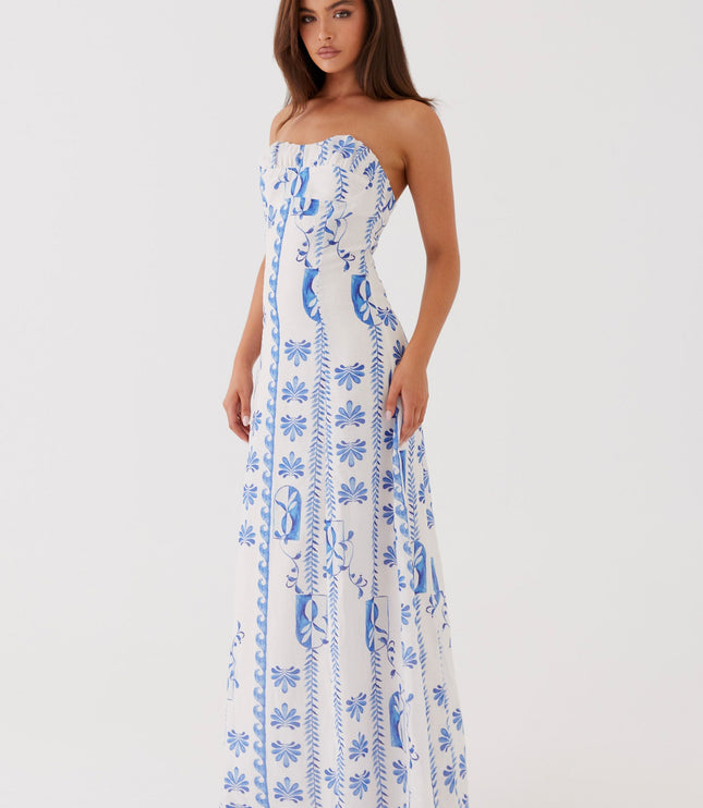 Women's Strapless Ruched A-Line Floral Summer Maxi Dress