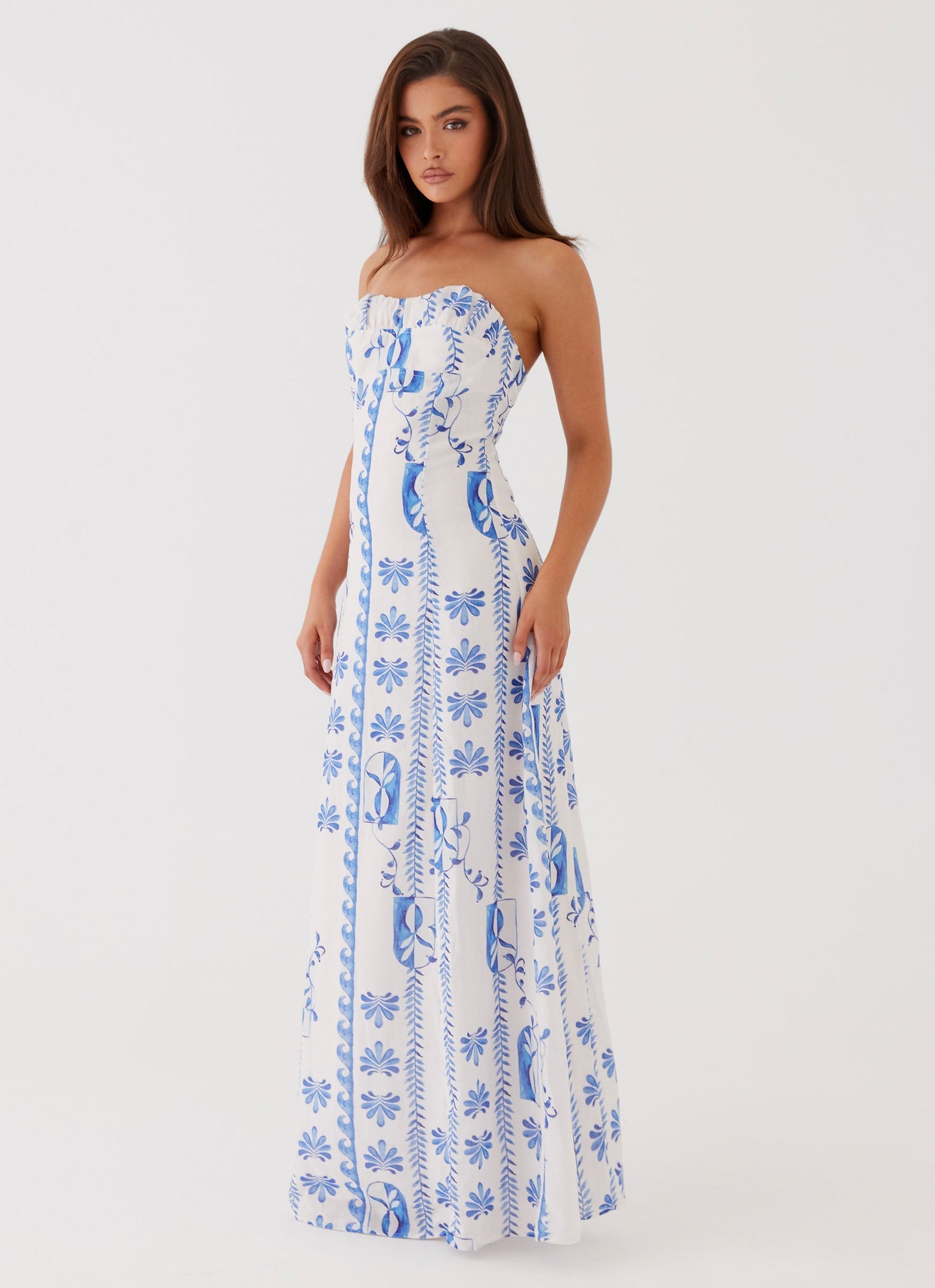 Women's Strapless Ruched A-Line Floral Summer Maxi Dress