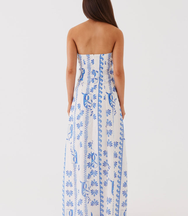 Women's Strapless Ruched A-Line Floral Summer Maxi Dress
