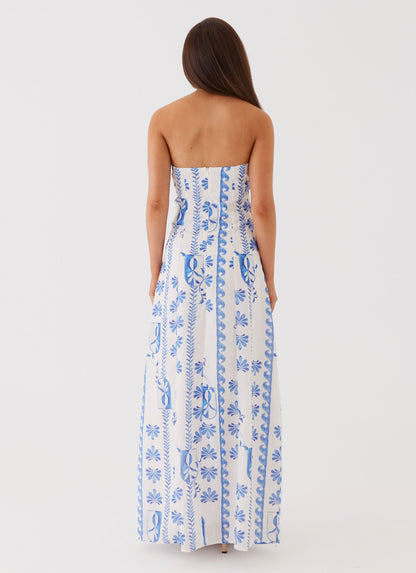 Women's Strapless Ruched A-Line Floral Summer Maxi Dress
