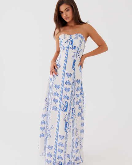 Women's Strapless Ruched A-Line Floral Summer Maxi Dress