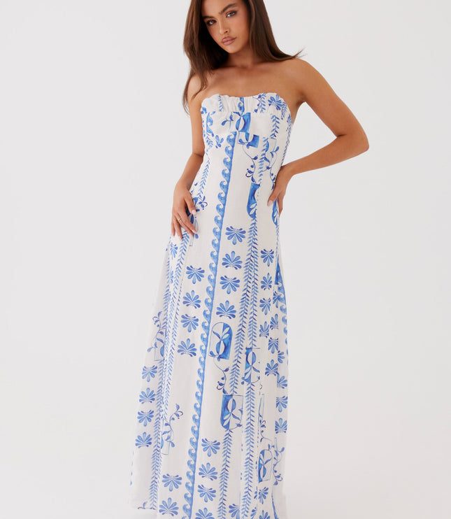 Women's Strapless Ruched A-Line Floral Summer Maxi Dress