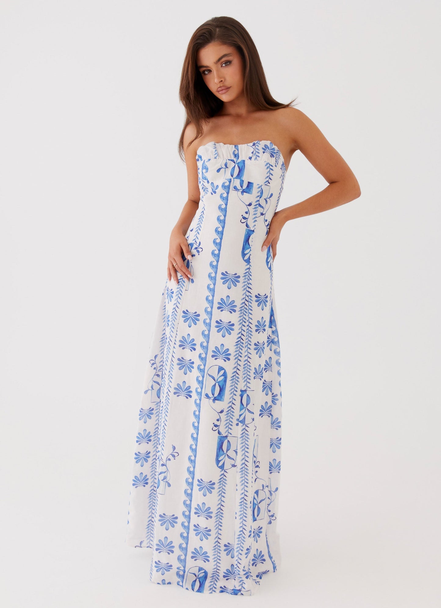 Women's Strapless Ruched A-Line Floral Summer Maxi Dress