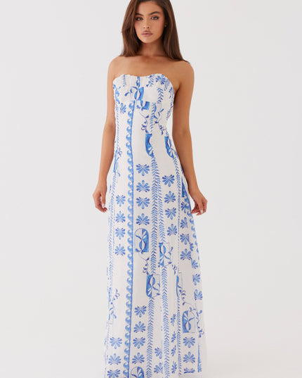 Women's Strapless Ruched A-Line Floral Summer Maxi Dress