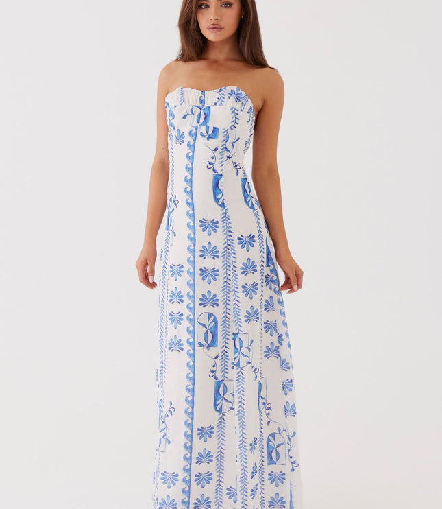 Women's Strapless Ruched A-Line Floral Summer Maxi Dress