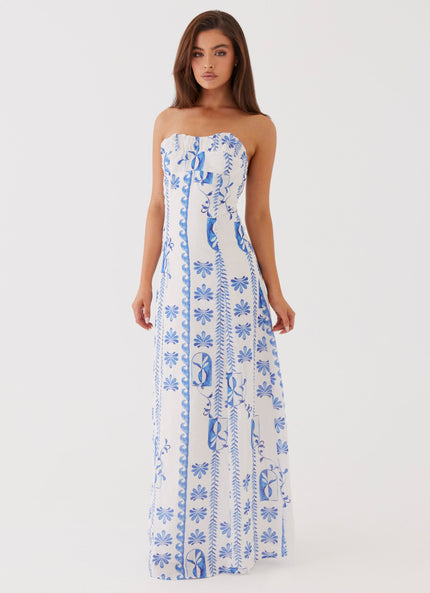 Women's Strapless Ruched A-Line Floral Summer Maxi Dress