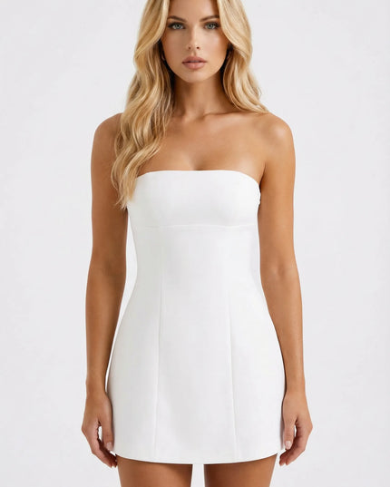 White strapless structured mini dress with fitted bodice and flared skirt