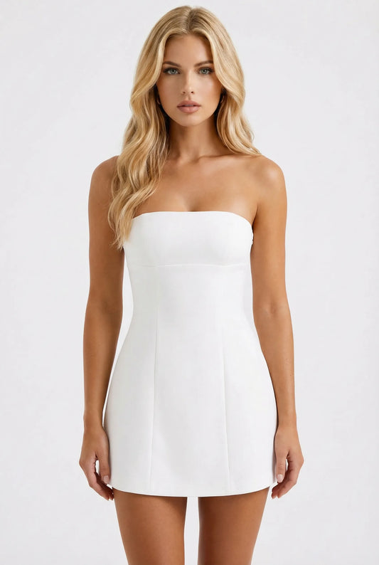 White strapless structured mini dress with fitted bodice and flared skirt