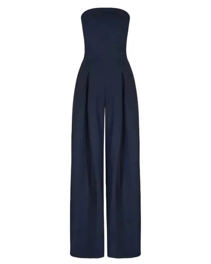 Navy wide leg strapless jumpsuit shown flat on white background with tailored bodice