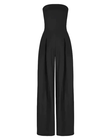 Black strapless jumpsuit front view with wide leg silhouette and structured bodice
