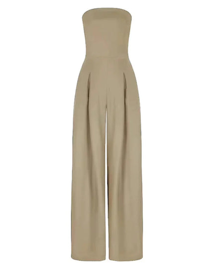 Taupe strapless wide leg jumpsuit with relaxed drape and side pockets on a model
