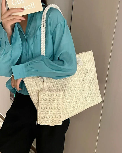 Women's Straw Bag with a Matching Rope-Handle Pouch