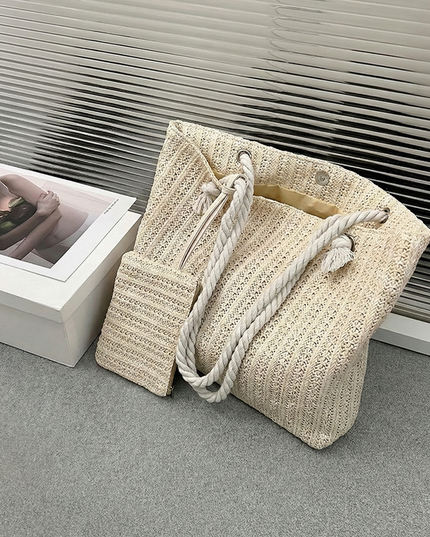 Women's Straw Bag with a Matching Rope-Handle Pouch