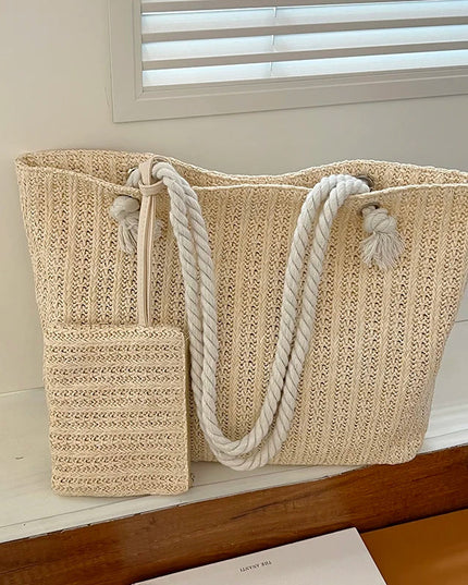 Women's Straw Bag with a Matching Rope-Handle Pouch
