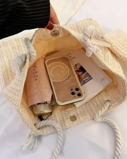 Women's Straw Bag with a Matching Rope-Handle Pouch