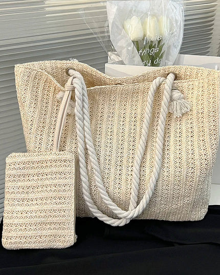Women's Straw Bag with a Matching Rope-Handle Pouch