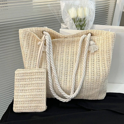 Women's Straw Bag with a Matching Rope-Handle Pouch