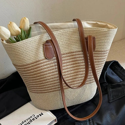 Women's Straw Tote Bag in a Two-Tone Weave
