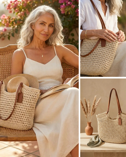 Women's Straw Tote Bag with Tall Leather Handles