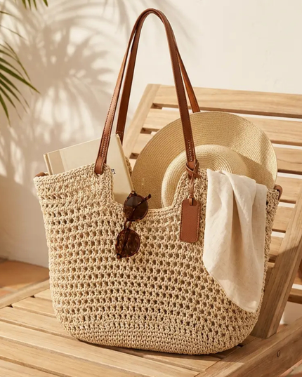 Women's Straw Tote Bag with Tall Leather Handles