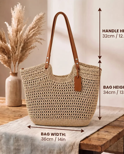 Women's Straw Tote Bag with Tall Leather Handles
