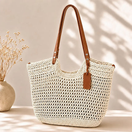 Women's Straw Tote Bag with Tall Leather Handles