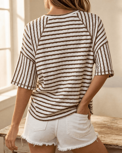 Women's Striped Relaxed Fit Short Sleeve Knit Top