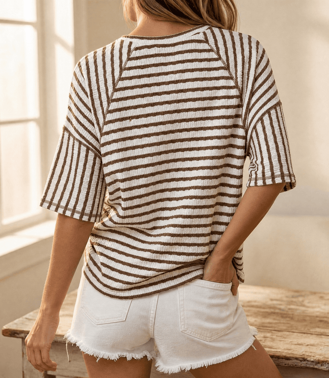 Women's Striped Relaxed Fit Short Sleeve Knit Top