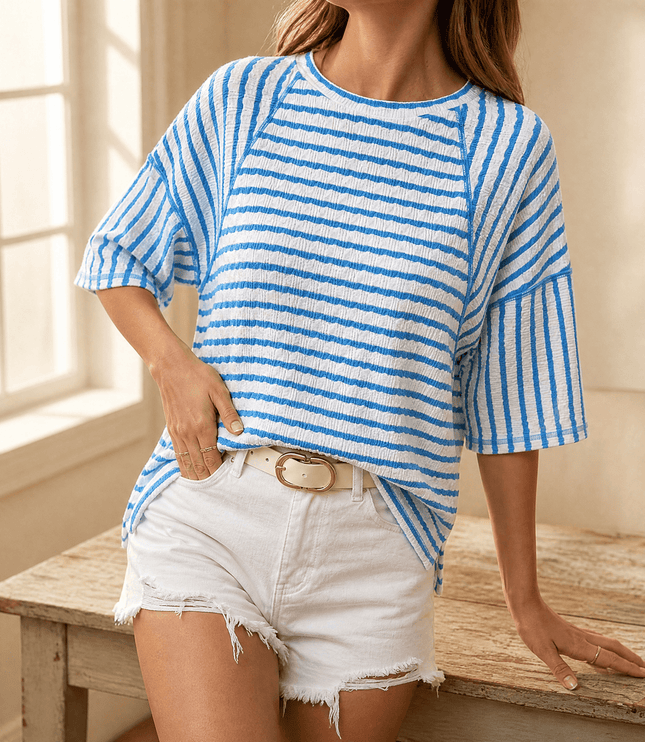 Women's Striped Relaxed Fit Short Sleeve Knit Top