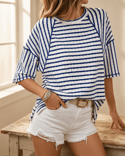 Women's Striped Relaxed Fit Short Sleeve Knit Top