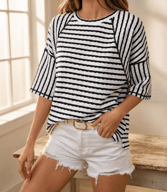Women's Striped Relaxed Fit Short Sleeve Knit Top