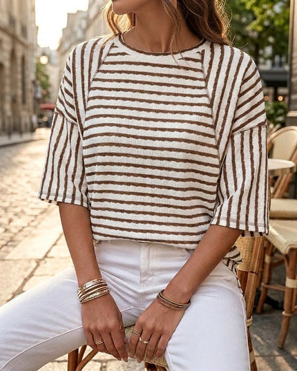 Women's Striped Relaxed Fit Short Sleeve Knit Top
