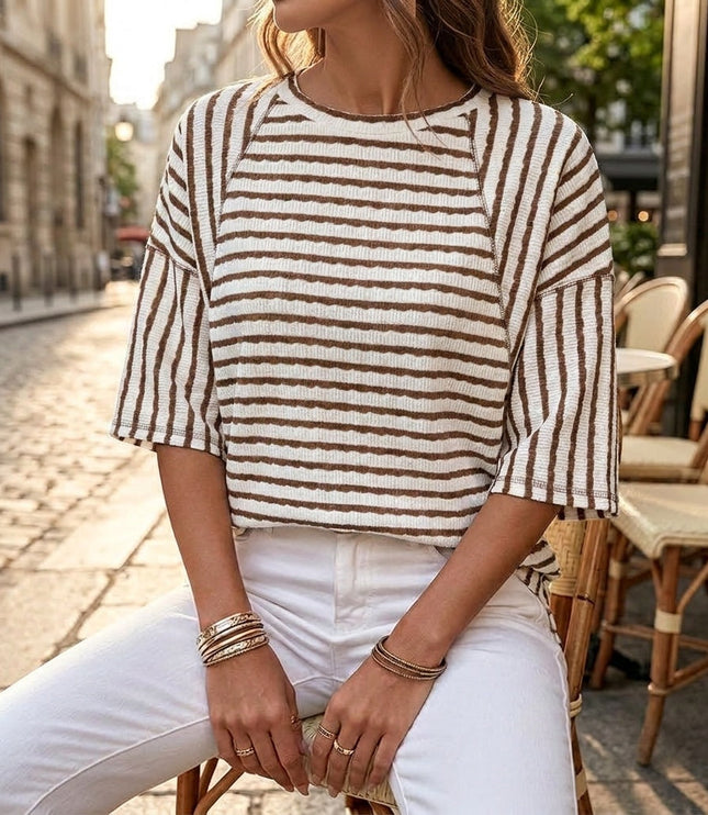 Women's Striped Relaxed Fit Short Sleeve Knit Top