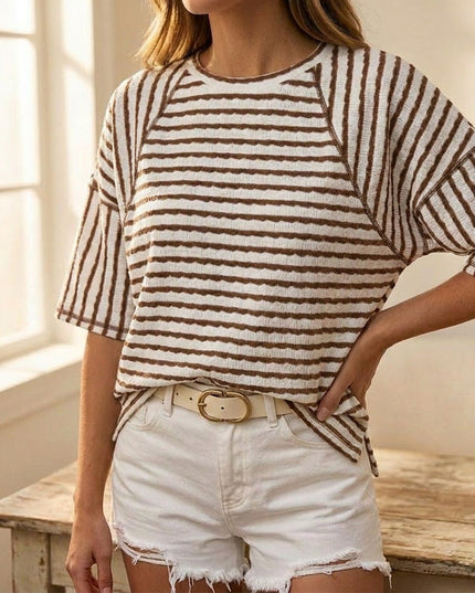 Women's Striped Relaxed Fit Short Sleeve Knit Top