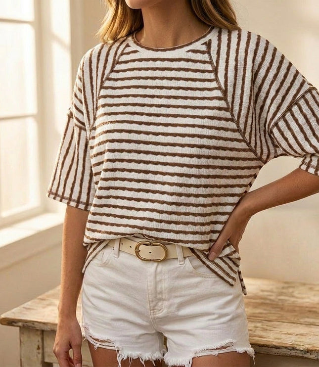 Women's Striped Relaxed Fit Short Sleeve Knit Top