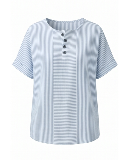 Women's Striped Short Sleeve Henley Button Top