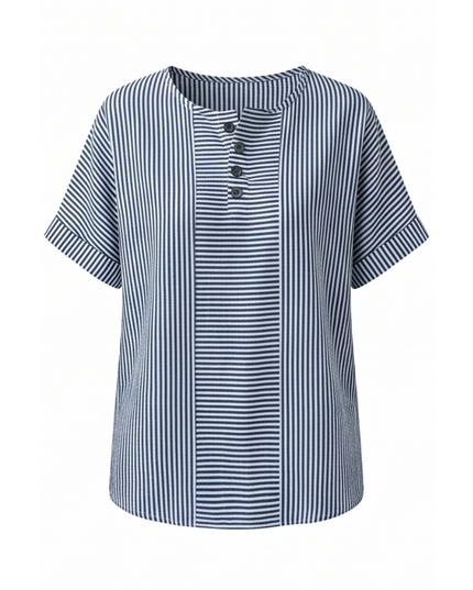 Women's Striped Short Sleeve Henley Button Top