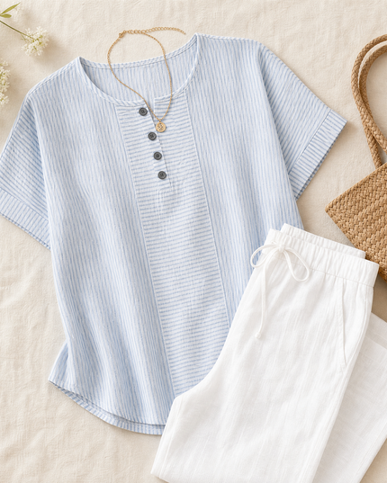 Women's Striped Short Sleeve Henley Button Top