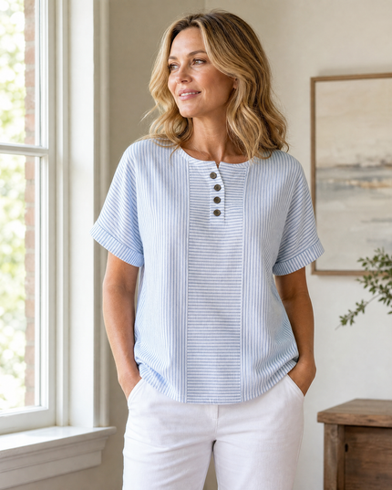Women's Striped Short Sleeve Henley Button Top