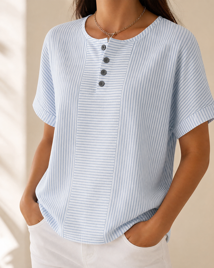 Women's Striped Short Sleeve Henley Button Top