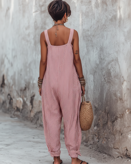 Women's Striped Square Neck Sleeveless Jumpsuit