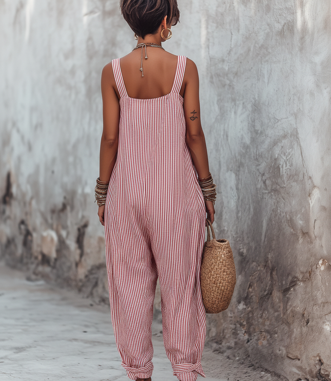 Women's Striped Square Neck Sleeveless Jumpsuit