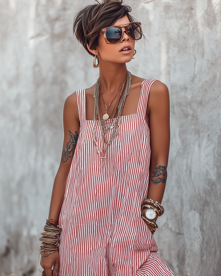 Women's Striped Square Neck Sleeveless Jumpsuit