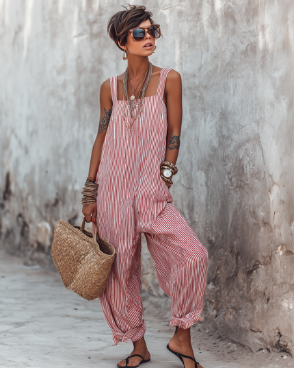 Women's Striped Square Neck Sleeveless Jumpsuit