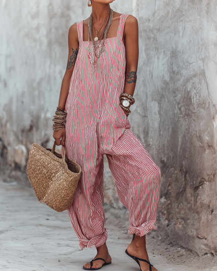 Women's Striped Square Neck Sleeveless Jumpsuit