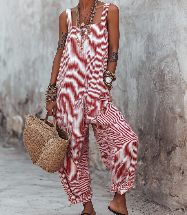 Women's Striped Square Neck Sleeveless Jumpsuit